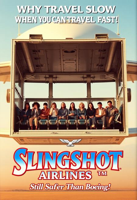 ,A photo from a silly air travel company advert showing a group of scared passengers sitting inside an open metal box with 10 lines of seats and windows and two metal plane wings, the metal box is put into a comically huge slinger in preparation to launch it into the air, at the top is "WHY TRAVEL SLOW WHEN YOU CAN TRAVEL FAST" written in a bold White small font, underneath are the words "SLINGSHOT AIRLINES™" in very large blue fancy font with a thick red outline and bird wings motif, at the bottom of the ad in tiny font "Still Safer Than Boeing!"