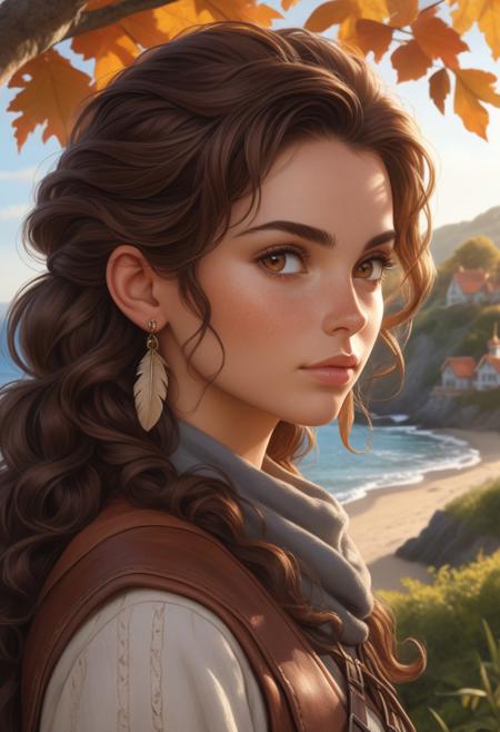 (photorealism:1.5)
female adventurer, curly brown hair, thoughtful expression, gazing at the majestic tree, falling leaves,  (feather earring), calm coastal village in the background, warm sunlight, vibrant colors, high contrast, hyper-realistic, serene atmosphere, pensive pose, detailed, high-definition, reflective mood, peaceful setting
slight freckles, long eyelashes, thick eyebrows,
