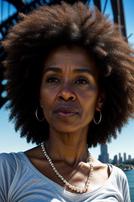 RAW Photo, (((mature 55 year old)))  Petite, african, darkskin,,(highest quality), ((photorealistic 1.2)), ((realistic skin texture1.5)), realistic,woman, ZM_carolina, closeup, (shirt), pants, (Sydney Harbour Bridge), pearl necklace , (), wide shoulders, perfect face, (contact iris: 1.1), pale skin, skin pores , depth of field, Dramatic, 8k uhd, dslr, soft lighting, high quality, film grain