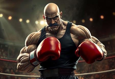 Muscular bald boxer general with mustache, uppercut stance, black tank, shorts, red gloves. Ring of Destruction background, dynamic action, dramatic lighting, splash ink illustration, Octane render, Unreal Engine 5, Raphael style, Artstation trending, cinematic, golden ratio, detailed face, lifelike details, CGSociety.