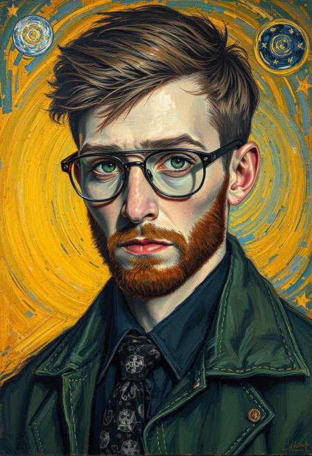 A vibrant post-impressionist portrait in the style of Vincent van Gogh, featuring [young man with dark blond grunge hairdo, aviator glasses, green eyes, Slavic appearance] wearing [green jacket, black shirt, tie with Rorschach test], with expressive brushstrokes, swirling background in warm yellows and deep blues, thick textured oil paint, visible impasto technique, starry night sky elements, intense emotional gaze, 19th-century rustic atmosphere, masterpiece, high detail