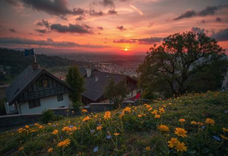 small yellow flowers, small blue flowers, clover, german style houses, city, EU-flag, hills, a old tree, red warm sunset, clowing clouds, dlsr photograthy, photograthy, dynamic, scinematic lighting, soft post-processing,