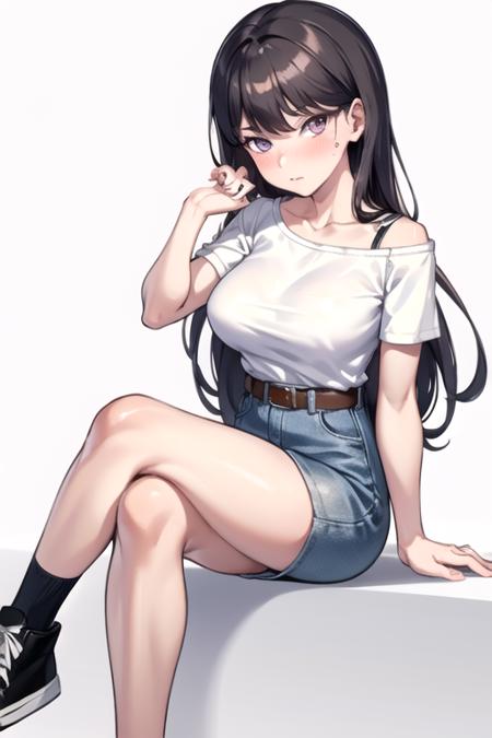 <lora:NotNiki-07:0.7 >,takimygo, 1girl, solo, long hair, looking at viewer, blush, skirt, large breasts, simple background, shirt, black hair, white background, sitting, closed mouth, purple eyes, collarbone, short sleeves, thighs, shoes, socks, belt, off shoulder, black footwear, mole, blue skirt, black shirt, mole under eye, crossed legs, denim, black socks, sneakers, shirt tucked in, brown belt, denim skirt