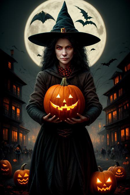 an evil witch carrying a pumpkin around town on Halloween, she has orange glowing eyes, dark night,