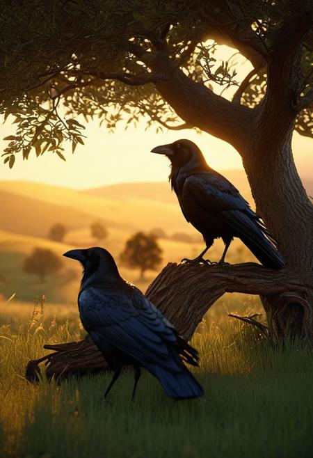 Finest Quality, Award Winning cinematic still, photo-realistic, entire body photo intricate details, hdr, intricate details, A pair of large crows rests under a tree, evening hours, open meadow, rolling hills, setting sun, HDR, Octane Render, volumetric diffusion, blurry background