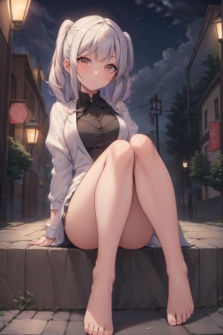 ((masterpiece, high resolution, best quality:1.4, breathtaking:1.4, ultra detailed)), (a cute woman in a street while a strong light shines on her and makes everything else dark), perfect feet, serafuku, night, street lamp, <lora:feetmasterlorav1.1:0.6>