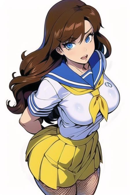 (babycai),(1girls:1.4), (((solo,
 school uniform, pleated yellow skirt, serafuku,  long hair, blue eyes,   brown hair, pleated skirt, yellow pleated skirt
 <lora:Mizuki_Miku_TV1:0.5>
)))
(((mature and milf))),  wide hip,
,((from above)) , ((from back)),
(((sticker with white border))),  (((basic white background))),((solo)), (dynamic pose:0.9), photorealistic, (hyperrealistic:1.2), beautiful, masterpiece, best quality, extremely detailed face, perfect lighting, medium breasts, (wide hips:1.2), nsfw,   glowing, ,  perfect eyes, large eyes, curly eyelashes,  (exited face:1.1) , ((perfect face)), ((fishnets)),  (((horny))), ((perfect hands)), (perfect hands),