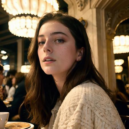 <lora:millie_brady_resized_40:1> millie brady woman a close up portrait photo of a beautiful  woman in a paris cafe, wearing vintage clothing, moody, vines, organic, modern, (high detailed skin:1.2), 8k uhd, dslr, soft lighting, high quality, film grain, Fujifilm XT3