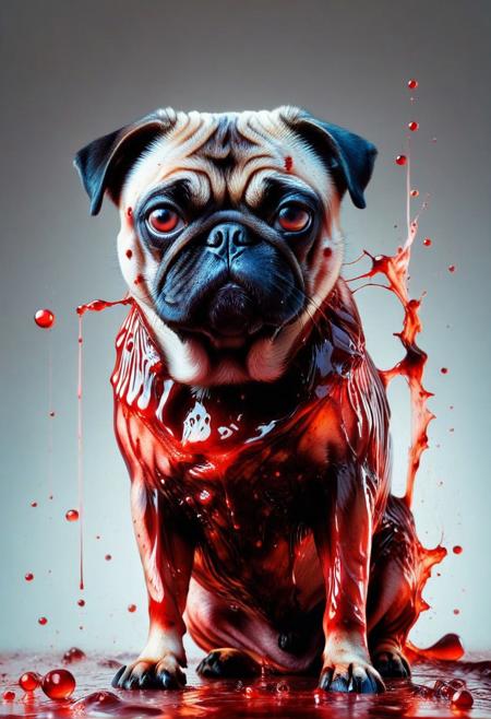 masterpiece, best quality, very aesthetic, absurdres,(score_9, score_8_up, score_7_up), createconcept, addmicrodetails, Blood for the Blood God, simple background, a (pug) made out of blood, glowing eyes, vivid eye color, (beautiful eyes:1.2), (gradient iris, crisp iris edges), confident pose, action dynamic pose, lazypos