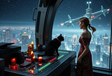 A sleek black cat with red collar sits on a cluttered metal riveted desk with transparent top and micro-LED lighted computer components visible inside, On the desk are a maneki neko statue and a lava lamp, the Black Cat is looking out of a seamless and futuristic floor to ceiling window that looks out at the lights of enormous buildings and cities far below, (((a beautiful woman, 24 years old, is standing next to the desk the cat is sitting on and looking longingly out the window, the woman is dressed in an ornate elegant Chinese style dress. An enormous deco-cyberpunk starship with futuristic lighting and an enormous space station are visible in the background among the stars, The woman's hair is elegantly tied up with a ribbon. Artistic cyberpunk, dynamic perspective, (((overall architectural aesthetic is Art Deco Cyberpunk))).  Epic image that elicits a feeling of wonder and awe, part of the interior is visible,