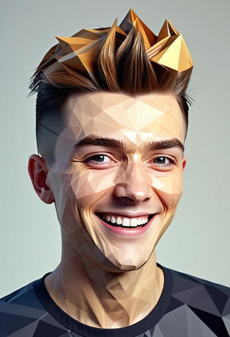 man made of polygon, hair made of polygon, clothes made of polygon, Polygonal shapes, geometric designs, three-dimensional models, ((low poly)), minimalism, straight on view, a young danish man, fashion model, side part pompadour (hairstyle), deeply creased laugh lines with twinkling eyes, Close-Up Shot, (((polygon)))