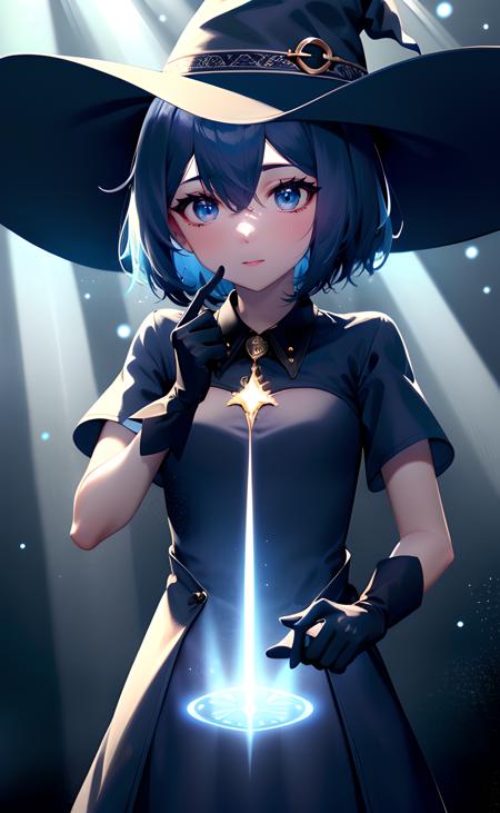 1girl, casting spell, magic, short hair, blue hair, blue eyes, witch hat, black dress, short sleeves, black gloves, abstract background, light particles, light rays