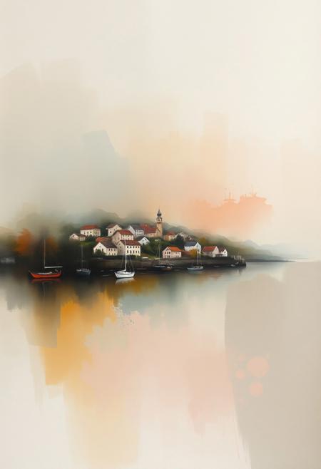 A foggy harbor town enveloped in a moody, Color Field painting, fluid abstraction, gestural washes, stained canvas, soft edges, diluted pigment, pastel tones, earthy hues, vibrant bursts, organic forms, spontaneous composition, emotional resonance, abstract expressionism, meditative color fields
