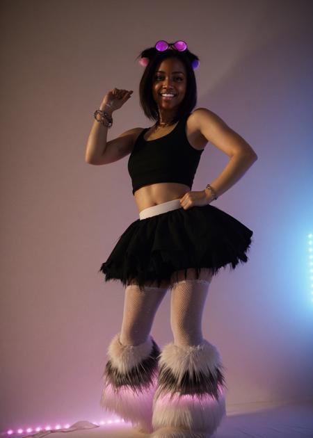 <lora:epi_noiseoffset2, dark studio, rim lighting, two tone lighting:0.3> (full body shot, rim lighting), flash photography,
african-american, dark_skin, 22 years old, 1girl, solo, short hair, brunette, female focus, Mischievous:1.2, Sarcastic smile, looking at viewer, wave, hand on hip, 
<lora:pr3ttyr4v3g1rl:0.7> pr3ttyr4v3g1rl, fuzzy boots, fuzzy tutu, crop top, fuzzy leg warmers
<lora:ReaLora:0.45>
<lora:epiCRealismHelper:0.4>
<lora:detail_slider_v4:0.5>
rave, music festival, party, dark background, lasers, realism