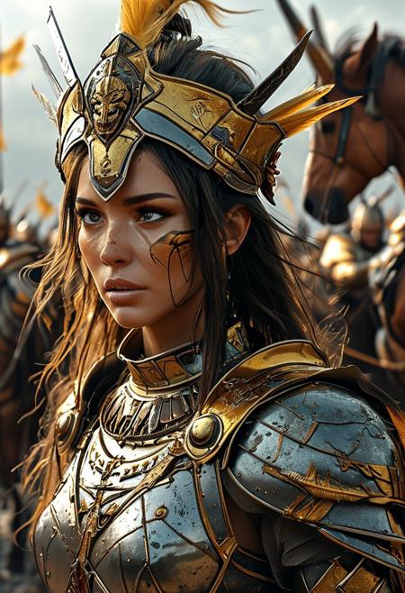 lazypos, refined detailed, high quality, highres, concept art, comic, Photorealistic, anime style, cinematic lighting, absurdres, 8k, detailed, highest definition, (masterpiece, best quality, absurdres, beautiful composition, fantasy art style, The locusts looked like horses prepared for battle. On their heads they wore something like crowns of gold, and their faces resembled human faces. 8 Their hair was like women’s hair, and their teeth were like lions’ teeth. 9 They had breastplates like breastplates of iron, and the sound of their wings was like the thundering of many horses and chariots rushing into battle.