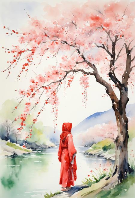 Watercolor painting of a serene scene featuring a cherry tree in full bloom, its pale pink blossoms cascading like soft clouds. At the foot of the tree stands a woman in a flowing red hooded garment, the vibrant red contrasting beautifully with the delicate pastel tones of the blossoms. Her figure is graceful and calm, blending into the tranquil atmosphere. The soft hues of the watercolor, with muted greens, creams, and blush pinks, create a dreamlike ambiance, while subtle, fluid brushstrokes evoke movement and harmony in the scene