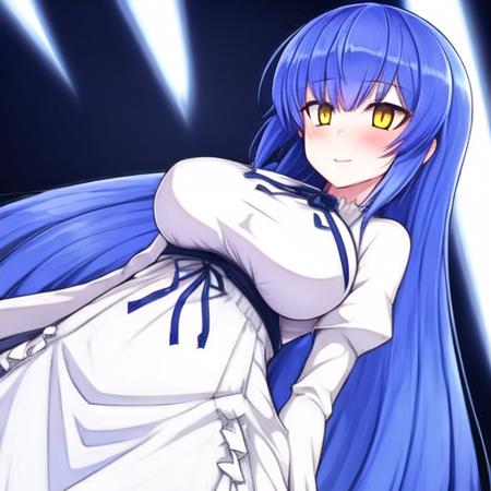 <lora:Nullepoch-000003:1>,, 1girl, mature, blue hair, yellow eyes, large breasts:1, white dress, simple background,