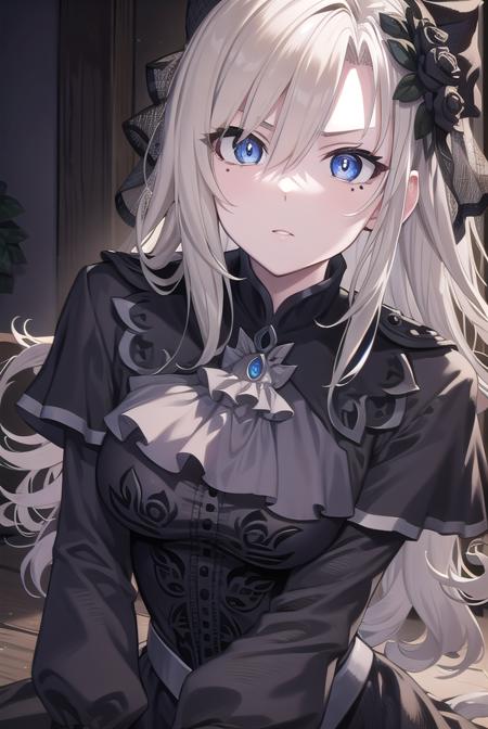 kriemhild, blue eyes, long hair, mole, mole under eye, pale skin, white hair, wavy hair, ascot, black capelet, black dress, black flower, black gloves, black headwear, black rose, capelet, dress, flower, gloves, hat, long sleeves, rose, veil,