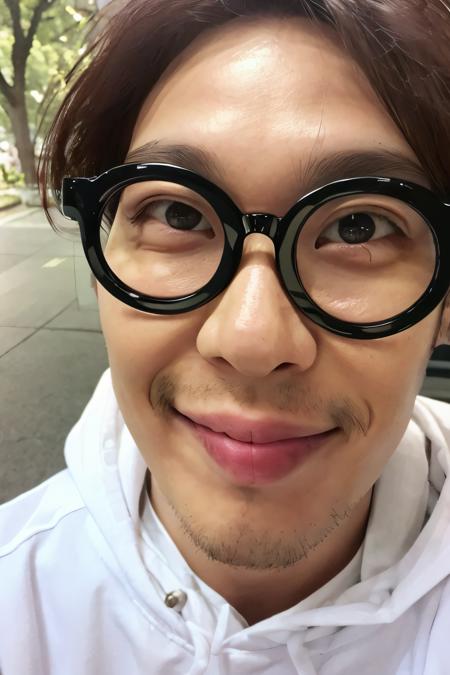 1boy , ,smile, solo, close-up, outdoors,  <lora:Celebrity-haha_donghoon_v1:0.8>,glasses, haha, haroro