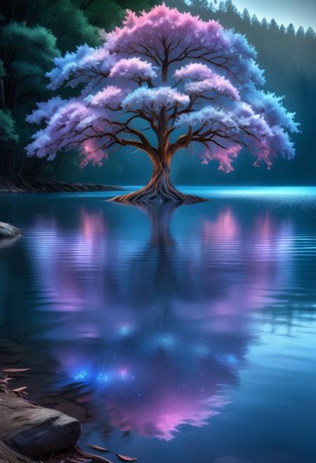 aesthetic, masterpiece, beautiful, elegant, award winning, absurdres, hdr, best quality, hyper detailed,
scene, magical,
protruding divine tree from lake, iridescent,
symmetrical