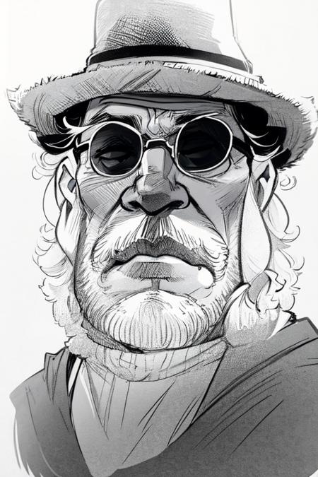 1male, grandfather, caricature, solo, portrait, simple background, 
eyewear, hat, beard,
<lora:caricature_v2:1>