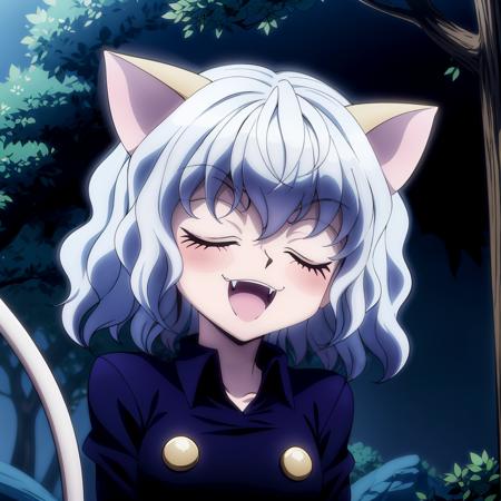 <lora:Neferpitou001:0.6>,<lora:add_detail:1>,<lora:noline:0.3>,solo,closed eyes,open mouth,fangs,smile,
Neferpitou,1girl,red eyes,cat ears,
blue jacket,double-breasted,
(nature:1.2),