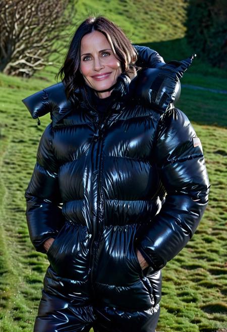 Courteney cox, smiling, indoors,daylight,shadows,(wearing an oversized overstuffed voluminous giant black shiny down jacket:1.2), downjacket, by parkasite, walking in the countryside, wet hair, wet clothes, close up, happy  
<Parkasite_XL:0.7>