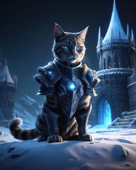 cinewow death knight cat,((masterpiece)),(best quality),awardwinning,trending on artstation <lora:cinewow:0.8>,winter,castle in the background,cinematic,glowing effects