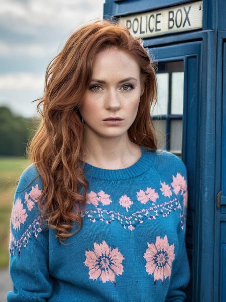 professional portrait photograph of a beautiful (ohwx woman) <lora:gillan_lora_sdxl_v1-000008:1.0> with (long curly red hair), highly detailed face and skin, (wearing a sweater:1.2), (standing in front of a dark blue police box), summer