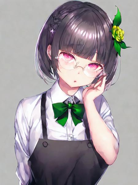 hair flower,star hair ornament,glasses,collared shirt,green bowtie,1girl,short hair,buttons,parted lips,looking at viewer,portrait,cropped shoulders,grey background,simple background,black ribbon,by ichinomiya yuu,solo,blunt bangs,black flower,hair ribbon,gradient background,star (symbol)