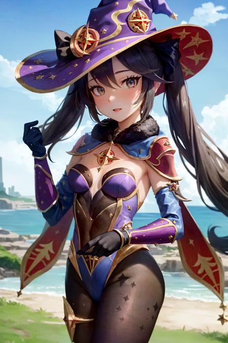 masterpiece, best quality, ultra-detailed, beautiful lighting, 1girl, ((mona \(genshin impact\))), black hair, twintails, long hair, grey eyes, purple strapless leotard, small breasts, detached sleeves, elbow gloves, witch hat, black legwear, black pantyhose, cape, fantasy, outdoors