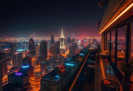 Penthouse, night city view, cyberpunk themed, retrowave,