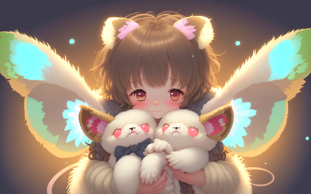 cozy cute happy cartooncore anime moth+ girl with fluffy moth wings hugging her floofy puppy