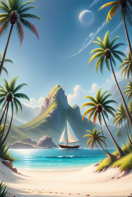 beach scene, palm trees, dolphins, coconuts, sailboat, <lora:Saturated_Landscape_XL-KK:1>