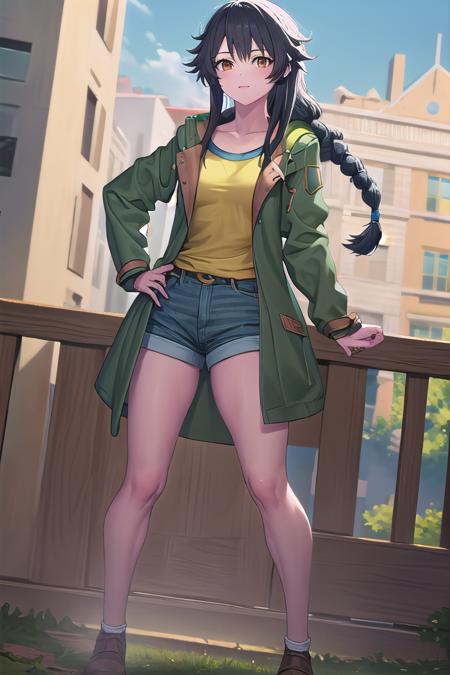 Chiemi Serizawa, black hair, blunt bangs, braided hair, brown eyes, yellow shirt, green coat, blue patch, denim shorts, boots yellow shirt, tracksuit