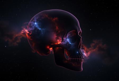 photorealistic dark cosmic nebula like a skull made of clouds with hues of black, orange, blue, and purple, and 6 diffraction lines on stars