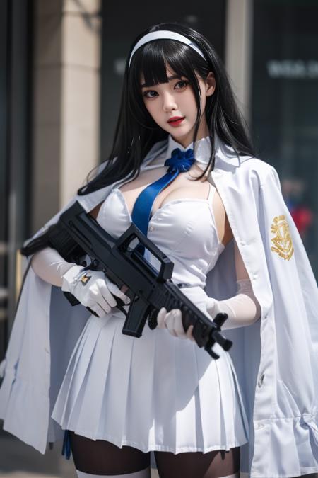 ultra-detailed,highly detailed,best quality,masterpiece,illustration,realistic,
type 95, 1girl, type 95 \(girls' frontline\), long hair, hairband, black hair, realistic, breasts, skirt, lips, white hairband, cape, dutch angle, bangs, pleated skirt, solo, white skirt, weapon, solo focus, gloves, white gloves, brown eyes, large breasts, gun, nose, closed mouth, blunt bangs, rifle, shirt, white cape, looking at viewer, white shirt, 1boy, necktie, paper, ribbon, assault rifle, jacket, signature, black eyes, pantyhose, medium breasts, blue necktie, standing, yellow eyes
 <lora:type_95_V1_04:0.7>