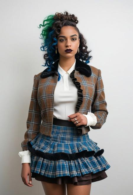The image is a photograph of a young woman standing indoors, dressed in a vintage-inspired outfit. She has dark, curly hair styled in a classic 1940s wave, adorned with a decorative hair accessory on the left side. She wears a plaid jacket with a faux fur collar in shades of blue, brown, and white, over a white blouse. The jacket is buttoned up, and she has her hands in the pockets.
The image is a high-resolution photograph featuring a young woman with a striking appearance. She has a deep, rich brown skin tone and is adorned with vibrant, long, green and blue hair extensions styled in a wild, asymmetrical fashion. Her hair is adorned with small, colorful beads and accessories. She has a strong, confident demeanor, leaning on one elbow with her head resting on her hand, giving a contemplative expression.
She is dressed in a bold, gothic-inspired outfit.
The image is a photograph of a person standing in a minimalist, sparsely decorated room with white walls and a dark grey floor. The individual, a young woman with short, straight brown hair, is dressed in an elaborate, multi-layered, ruffled skirt made of various colored fabric strips. The skirt is constructed from multiple layers of fabric, each layer a different color and pattern, creating a tiered, ruffled effect.