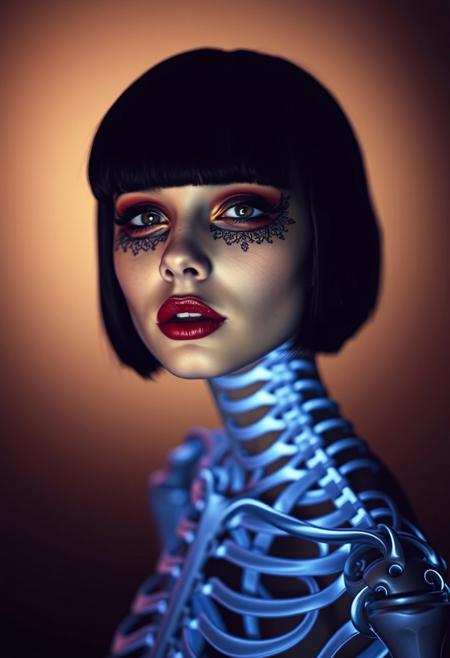 Avant garde, three-quarter view, portrait of an 18-years-old girl, fair skin, dark makeup, dark red lipstick. black bob.
Simmetrical, mask shaped, pattern filigree black paint around her eyes.
Her body is that of a bioluminescent skeleton.
A spotlight illuminates her face