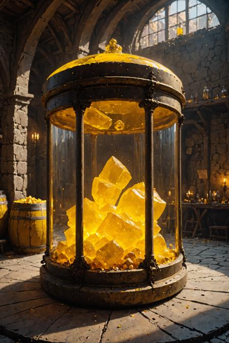 ultra realistic 8k cg, flawless, clean, masterpiece, professional artwork, famous artwork, cinematic lighting, cinematic bloom, (((photo raw)), background), a large yellow  glass medieval  container with a tavern inside, yellow  rock  <lora:Contained_Color_SDXL:1> hyperreality, concept photography