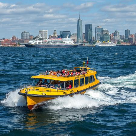 Boston Duckboat, full of sightseers, in Atlantic Ocean, high waves, sunny skies, leaving Boston Harbor, nearing Liverpool