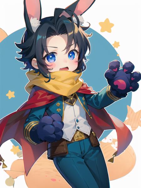 masterpiece, best quality, den2, male focus, 1boy, male child, solo, looking at viewer, blue eyes, black hair, spiked hair, animal ears, rabbit ears, open mouth, gloves, star \(symbol\), cape, animal hands, blush stickers, pants, heart, scarf, <lora:den2chibi:1>,