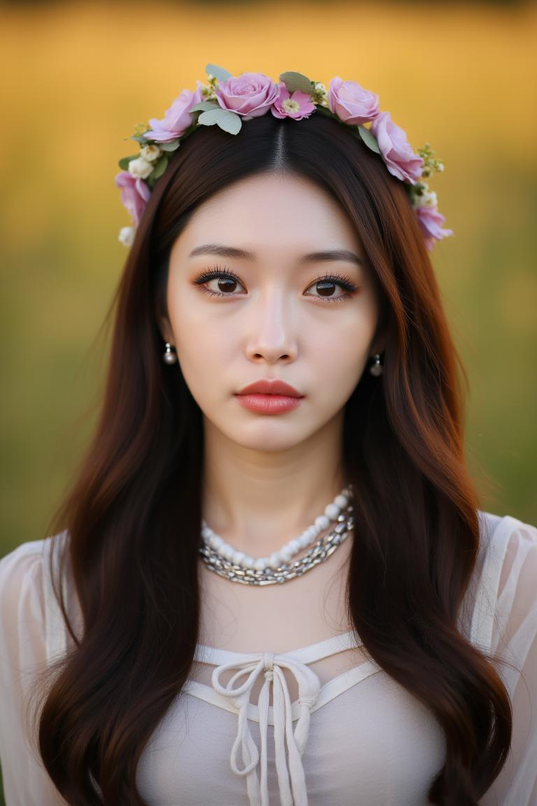 a high-resolution, softly lit photograph featuring an Asian woman with a delicate, spooky appearance. She has long, wavy hair in a soft brown hue, styled with soft color majestic wreath that frame her face. looking at viewer. Her skin is detailed no make-up, skin fuzz, pale complexion, and her dark brown eyes are a striking feature, with a subtle, shimmery effect that catches the light. Her lips are painted a soft, muted pink, and she wears a delicate, beaded necklace around her neck. The background is a meadow, warmly lit, which helps to emphasize the subject's delicate features and the harsh colors of her hair and accessories. The image is rich in texture and detail, with a focus on the subject's serene and dreamy expression. The overall aesthetic is horrific and scary, evoking a sense of wrath and dominance. The photograph's soft focus and harsh colors create a spooky, ethereal atmosphere, perfect for a fantasy or fairy tale-inspired setting. The subject's delicate features and accessories, such as the floral headpiece, add to the enchanting and otherworldly quality of the image. The style is reminiscent of high-fashion photography, with a focus on delicate, feminine beauty. <lora:Tissue_Chungha_Flux_v1.0-LowRep:1>