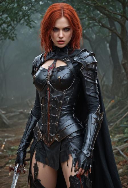 High resolution ultra-realistic of sinister Vampire warrior girl, Intricately Designed Shroud, A Vampire warrior girl dressed in a black armor stands in a gloomy graveyard, holding a intricate sword with a bloody blade, head and shoulders portrait, wavy red hair, realistic black eyes, perfect athletic figure, handsome vampire pale bloody face, beautiful perfect detailed pupils, wet oily shiny skin, beautiful firm Breasts, defiant and seductive, 8k resolution concept art portrait by Greg Rutkowski, Dark Ages, Artgerm, WLOP, Alphonse Mucha dynamic lighting hyperdetailed intricately detailed Splash art trending on Artstation triadic colors Unreal Engine, 5 volumetric lighting, Cinematic Lighting, intricate, smooth, sharp focus digital painting, Asymmetrical Balance, hyperdetailed painting, dynamic lighting