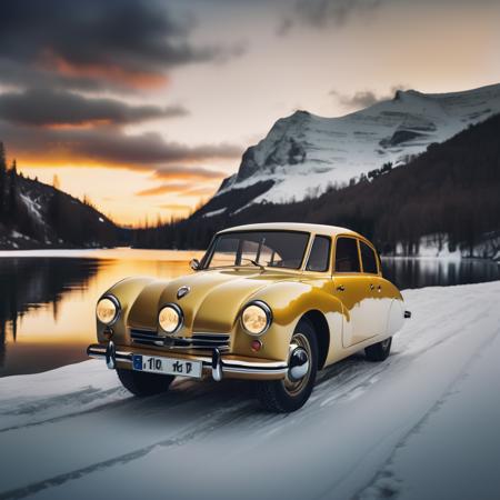 cinematic epic realistic photo,  analog photo, winter alpine road, snowy frozen lake, dark, sunset clouds, BREAK cloudy sky BREAK, (archviz hut wooden treebark house:1.3) by (lake:1.1), dark, treeliches ,BREAK lake BREAK dynamic frontleft view (car yellow:1.5) at sandy bank of lake. BREAK lake
 <lora:Tatra87-SDXL:1>, photorealism, golden hour, Crewson style shadowing, 8k resolution, analog color kodak, film grain, neutral colors,