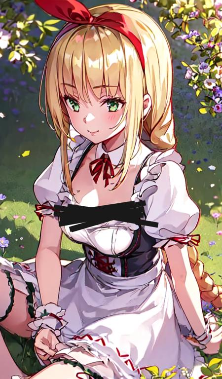 1girl, solo,asanmsts, blonde hair, bow,  breasts,, red ribbon, green eyes, short sleeves, puffy sleeves, long hair, dress, cleavage, red hair bow, apron, wrist cuffs, bangs, hairband, puffy short sleeves, black skirt,