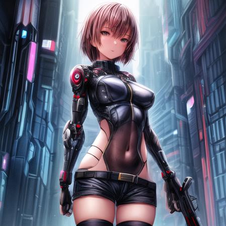 1girl, solo, bodysuit, short shorts, zettai ryouiki, looking at viewer, navel, scifi, science fiction, cyberpunk, holding weapon, cyborg, masterpiece, best quality  <lora:add_detail:2> <lora:pokfx_oc_moardetails:0.0>