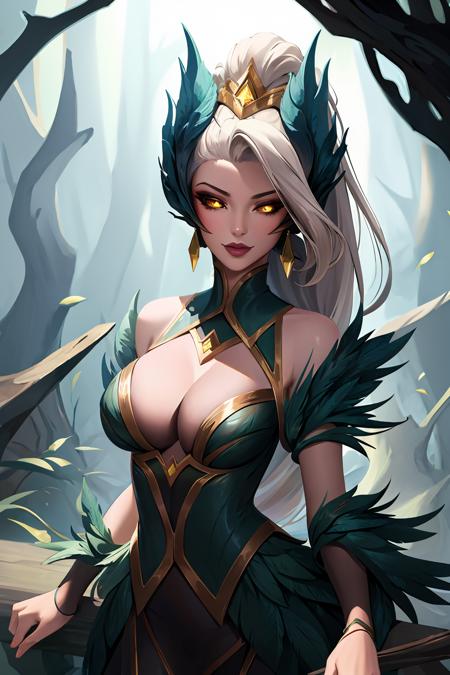 coven zyra, 1girl, dress, ponytail,earrings, bare shoulders, hair ornament, cleavage, feathers, yellow eyes