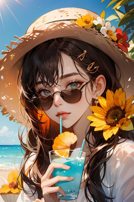 absurdres, highres, ultra detailed, 1girl, solo, extremely detailed eyes, starfish, seashell, shell, flower, hat, hair ornament, jewelry, straw hat, looking at viewer, sunglasses, hat flower, drinking straw, hairclip, earrings, red flower, tinted eyewear, yellow flower, bangs, english text, multicolored hair, orange flower, black hair, ring, cup, long hair, orange-tinted eyewear, food, brown hair, portrait, shell hair ornament