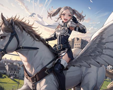 (from above,flying in the sky:1.1),<lora:riding_pegasus:1.1>,riding_pegasus,pegasus,(horseback_riding,riding,saddle,reins:1),<lora:Cynthia:0.7>,1girl,smile,open mouth,cynthia, grey hair,twintails,thighhighs, gloves, armor, short dress, boots,thigh boots, dress,elbow gloves, zettai ryouiki,breastplate, shoulder armor, belt, garter straps,outdoors,(masterpiece, best quality, ultra-detailed, best shadow)